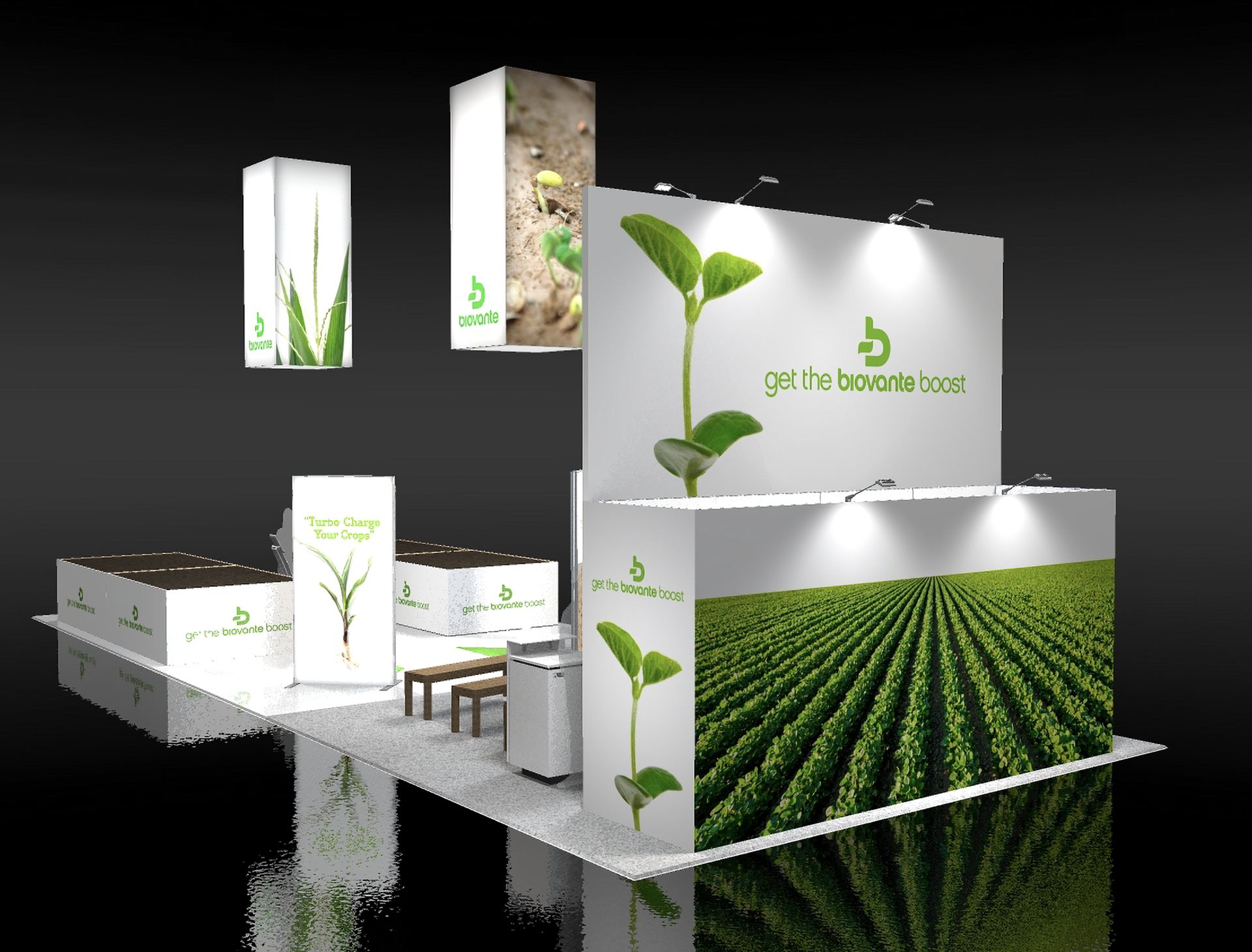Biovante exhibition booth with live plant displays and informational banners.