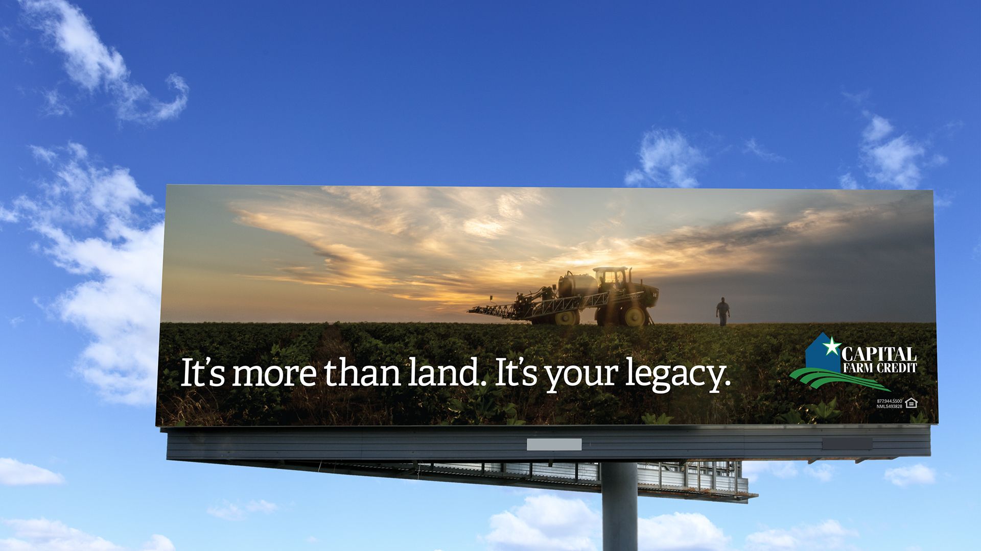 Capital Farm Credit billboard with yellow farm sprayer in a field at golden hour, text reads It’s more than land. It’s your legacy.