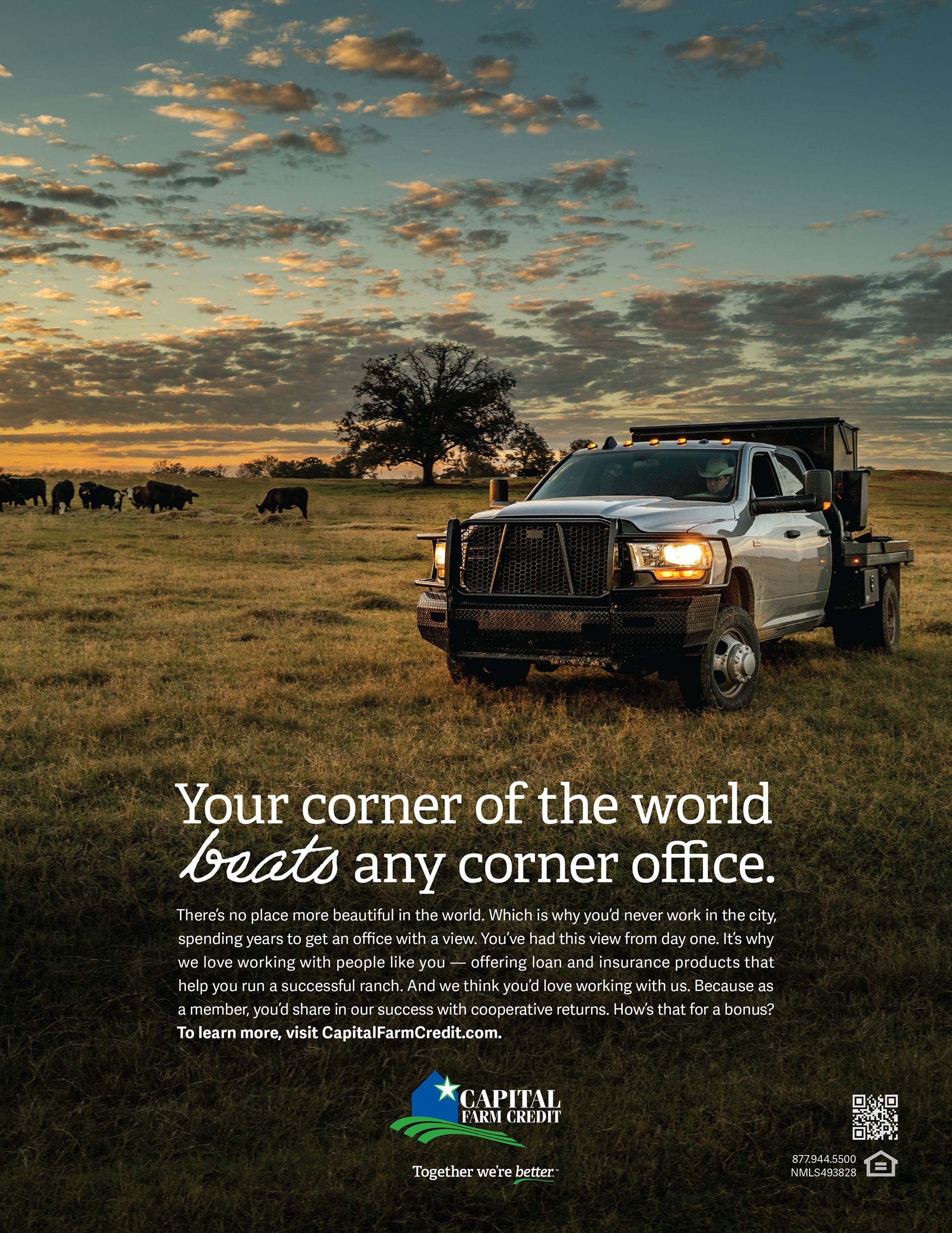 Silver pickup truck parked in a golden pasture at sunset with cattle grazing, headline: Your corner of the world beats any corner office.