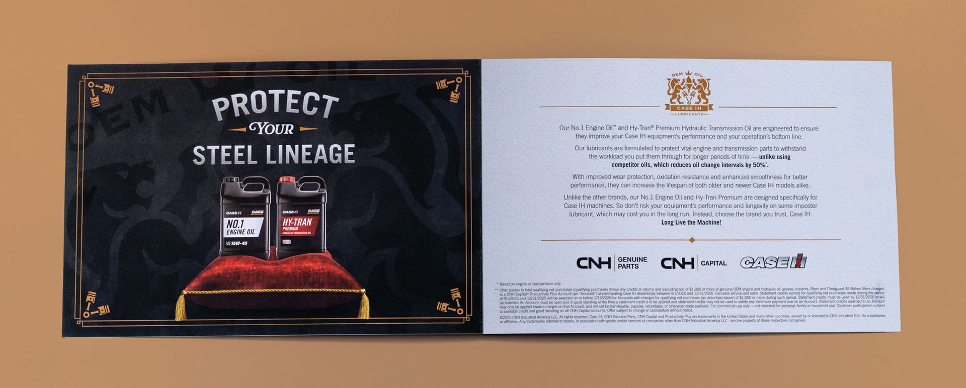 Brochure spread: left page 'Protect Your Steel Lineage' with oil containers on a pillow; right page with text about CNH lubricants.