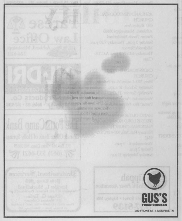 Vintage newspaper page with a Gus’s Fried Chicken print ad showing the chicken logo, "GUS’S FRIED CHICKEN," and "310 FRONT ST | MEMPHIS, TN" amid church listings and grease stains.