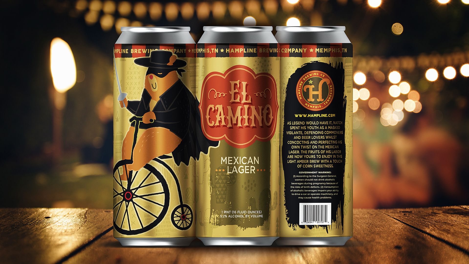 Hampline Brewing Co. ’El Camino’ beer can featuring a Zorro-like bear on a unicycle.