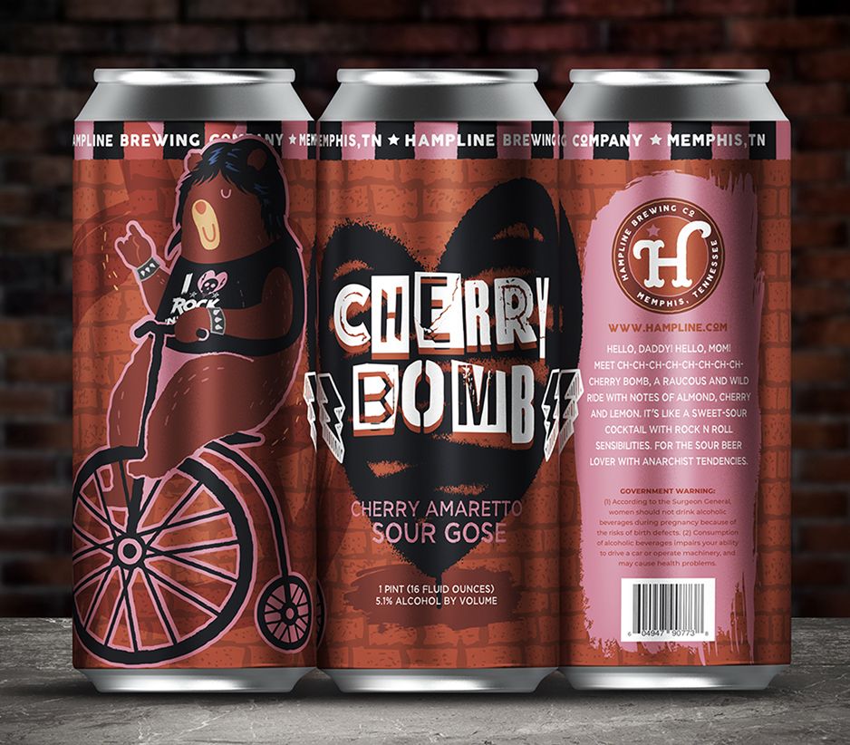 Hampline Brewing Co. ’Cherry Bomb’ beer can featuring a rock-and-roll bear on a unicycle.