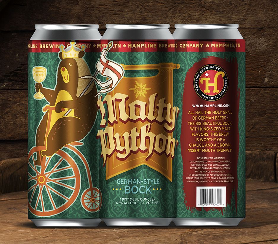 Hampline Brewing Co. ’Malty Python’ beer can featuring a knight bear on a unicycle.