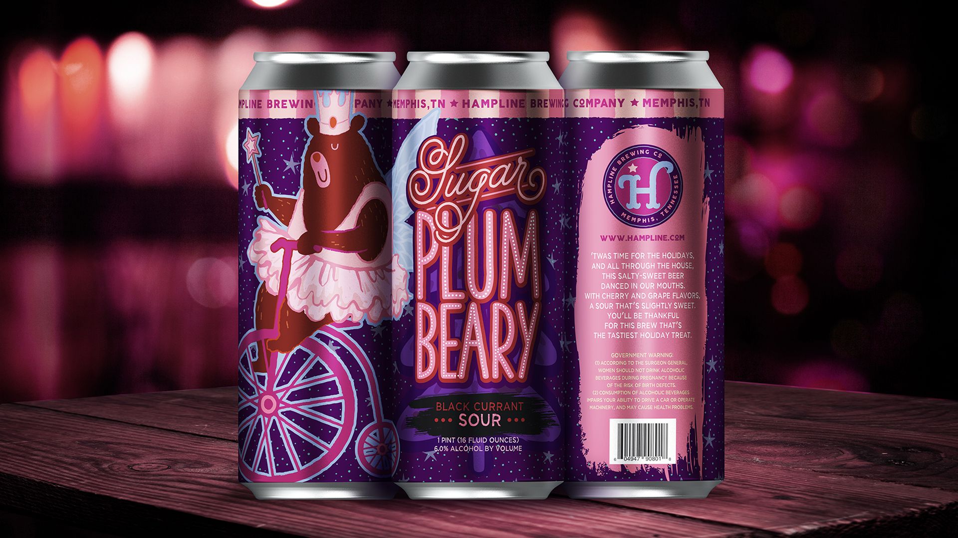 Hampline Brewing Co. ’Sugar Plum Beary’ beer can featuring a ballerina bear on a unicycle.
