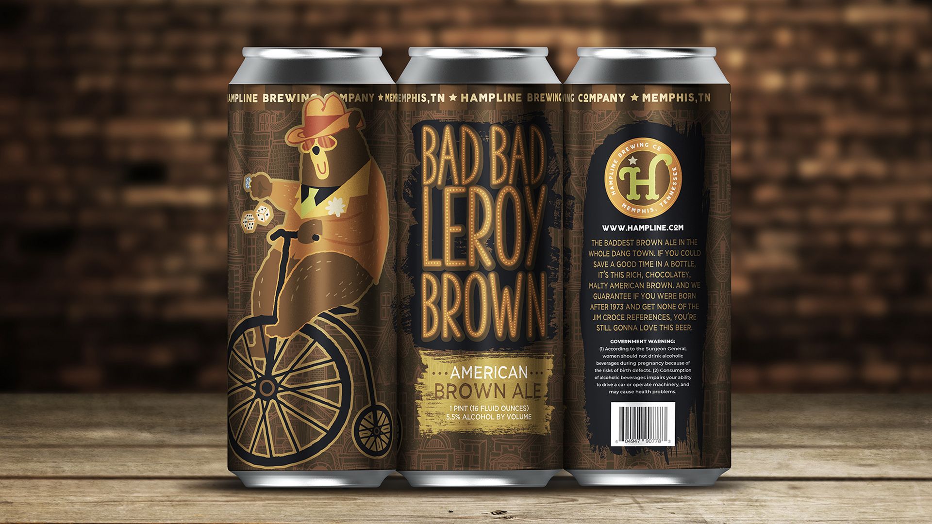 Hampline Brewing Co. ’Bad Bad Leroy Brown’ beer can featuring a cowboy bear on a unicycle.