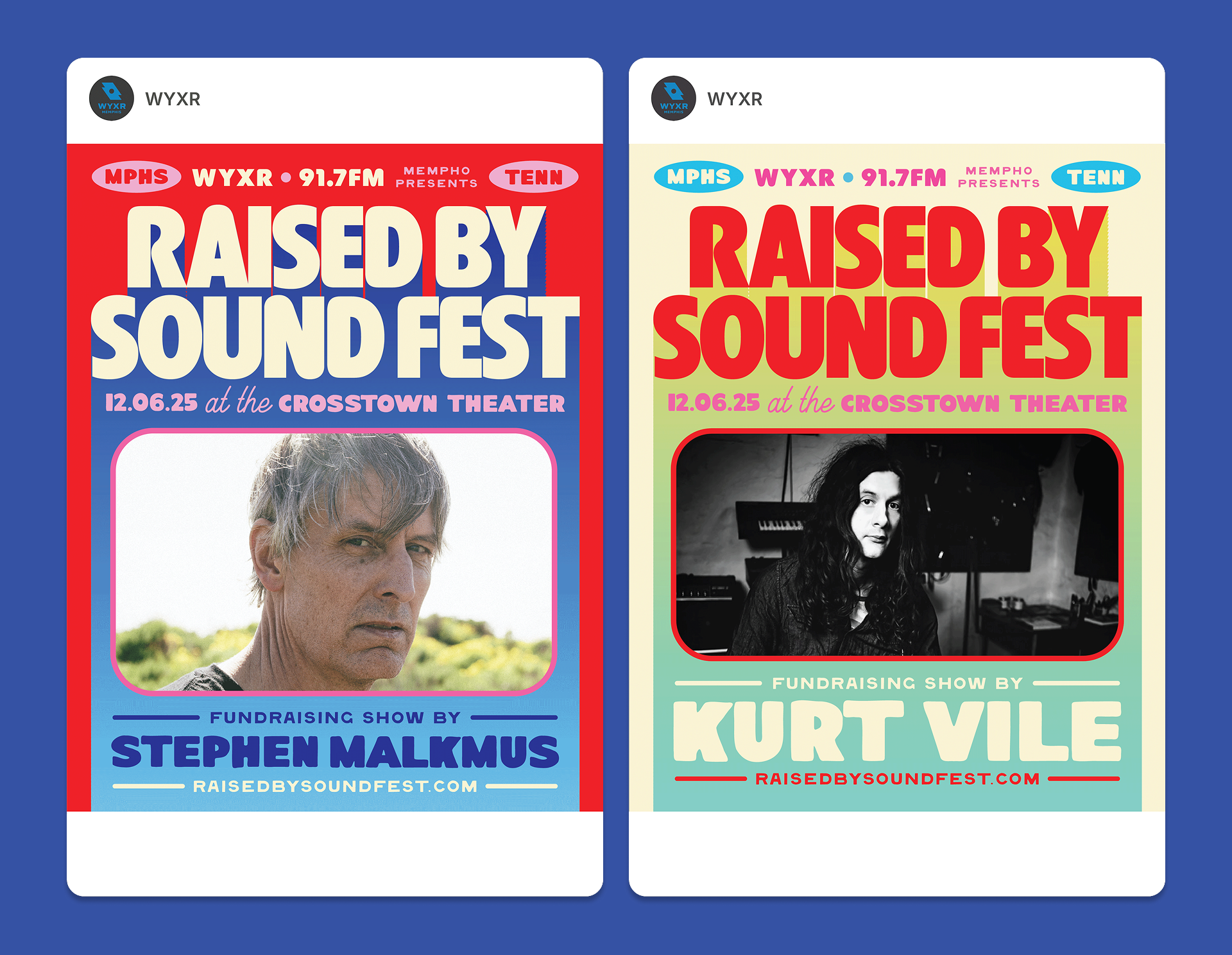 Pair of WYXR Raised By Sound Fest posters promoting fundraising shows by Stephen Malkmus and Kurt Vile on Dec. 6, 2025.