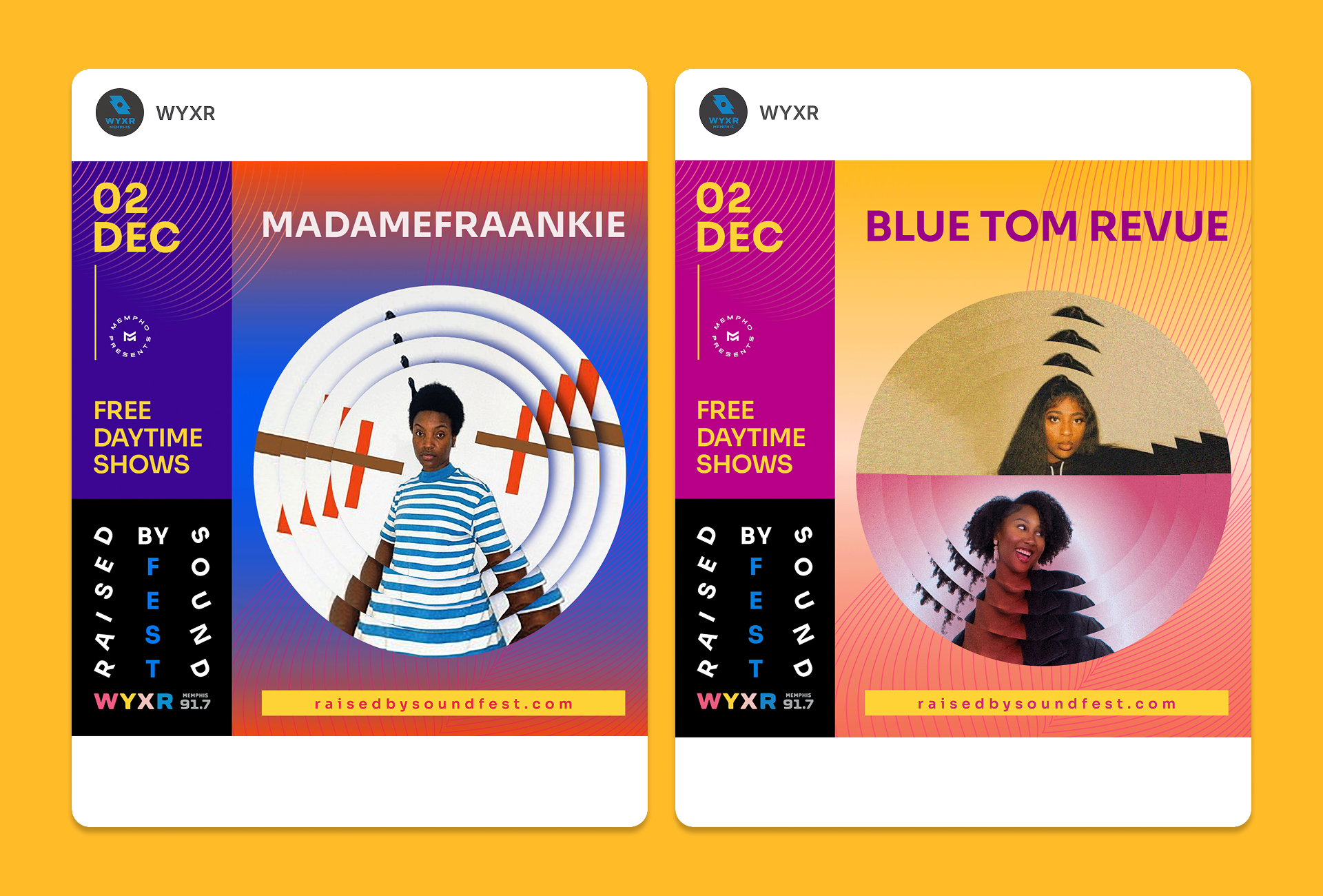 Pair of WYXR daytime-show posters for MadameFraankie and Blue Tom Revue on Dec. 2 with raisedbysoundfest.com footer.
