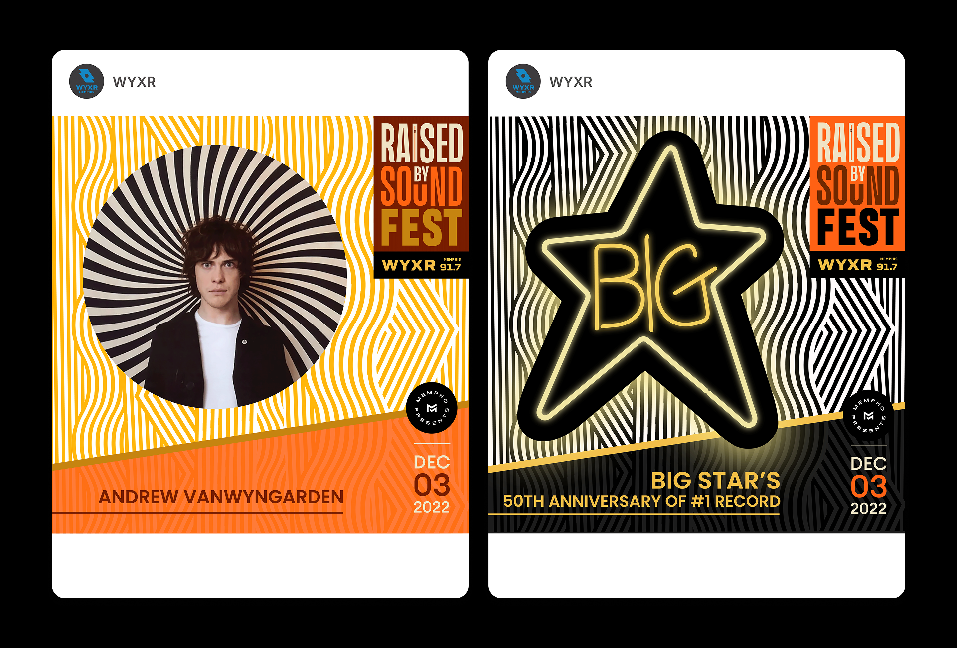 Pair of 2022 WYXR posters featuring Andrew VanWyngarden and Big Star's 50th anniversary of #1 Record for Raised By Sound Fest.