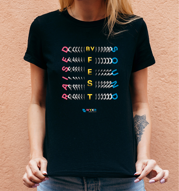 Person wearing a black tee with vertical pink, yellow, and cyan "Raised By Sound Fest" lettering and WYXR Memphis 91.7 FM mark.