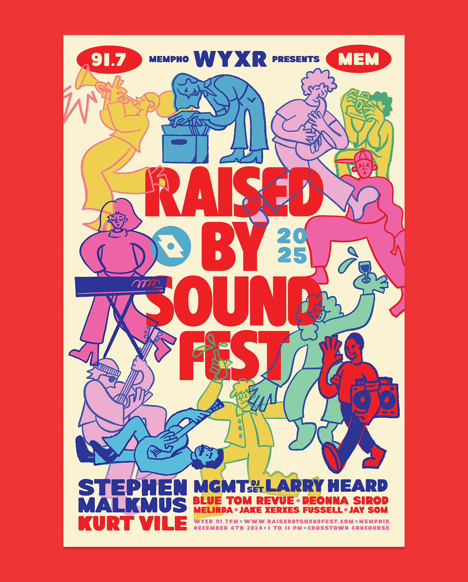 2025 Raised By Sound Fest poster with playful musician illustrations, headliners Stephen Malkmus, Kurt Vile, MGMT DJ Set, and Larry Heard.