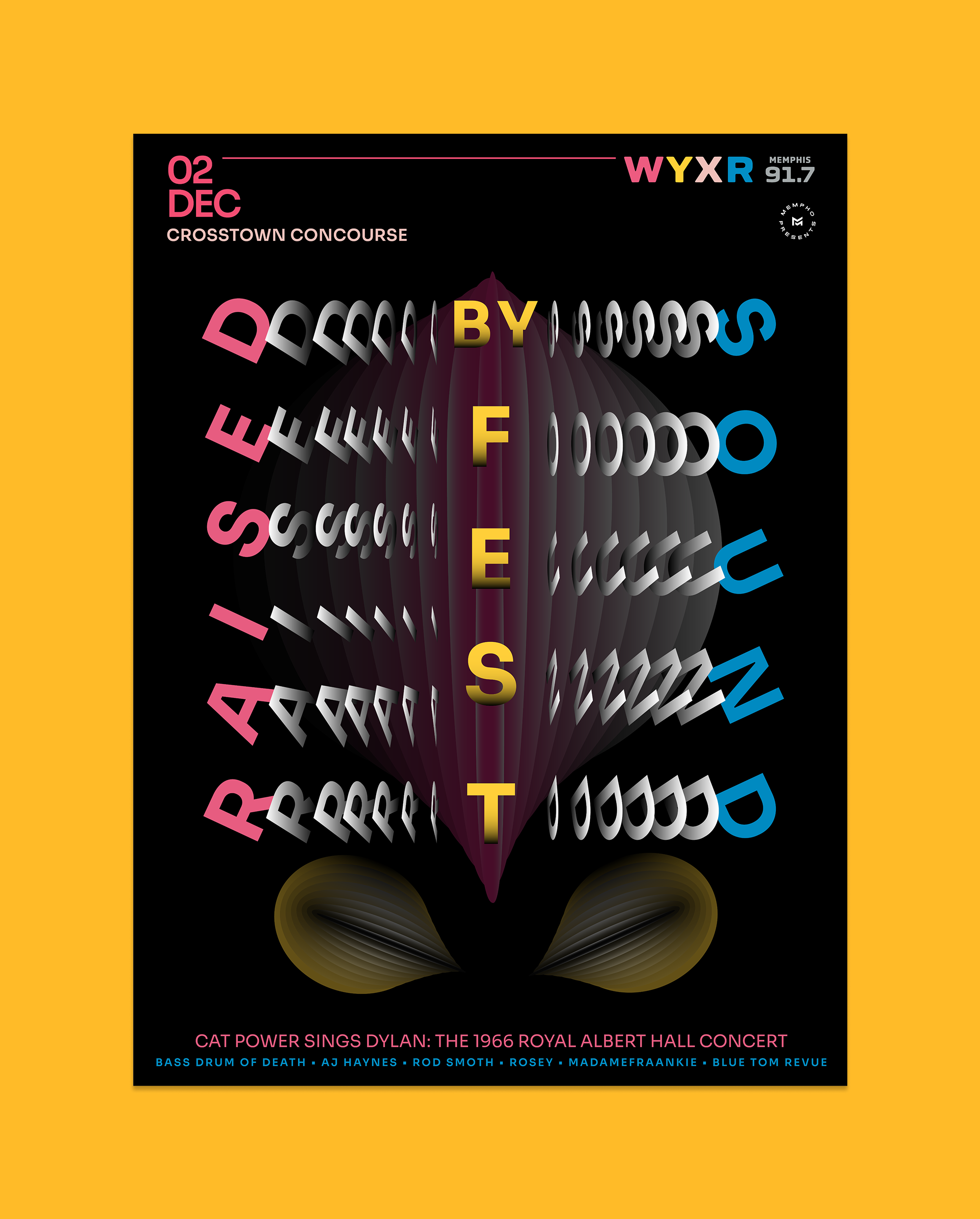 Black-and-yellow poster with 3D "Raised By Sound Fest" typography promoting Cat Power Sings Dylan and a Dec. 2 Crosstown Concourse lineup.