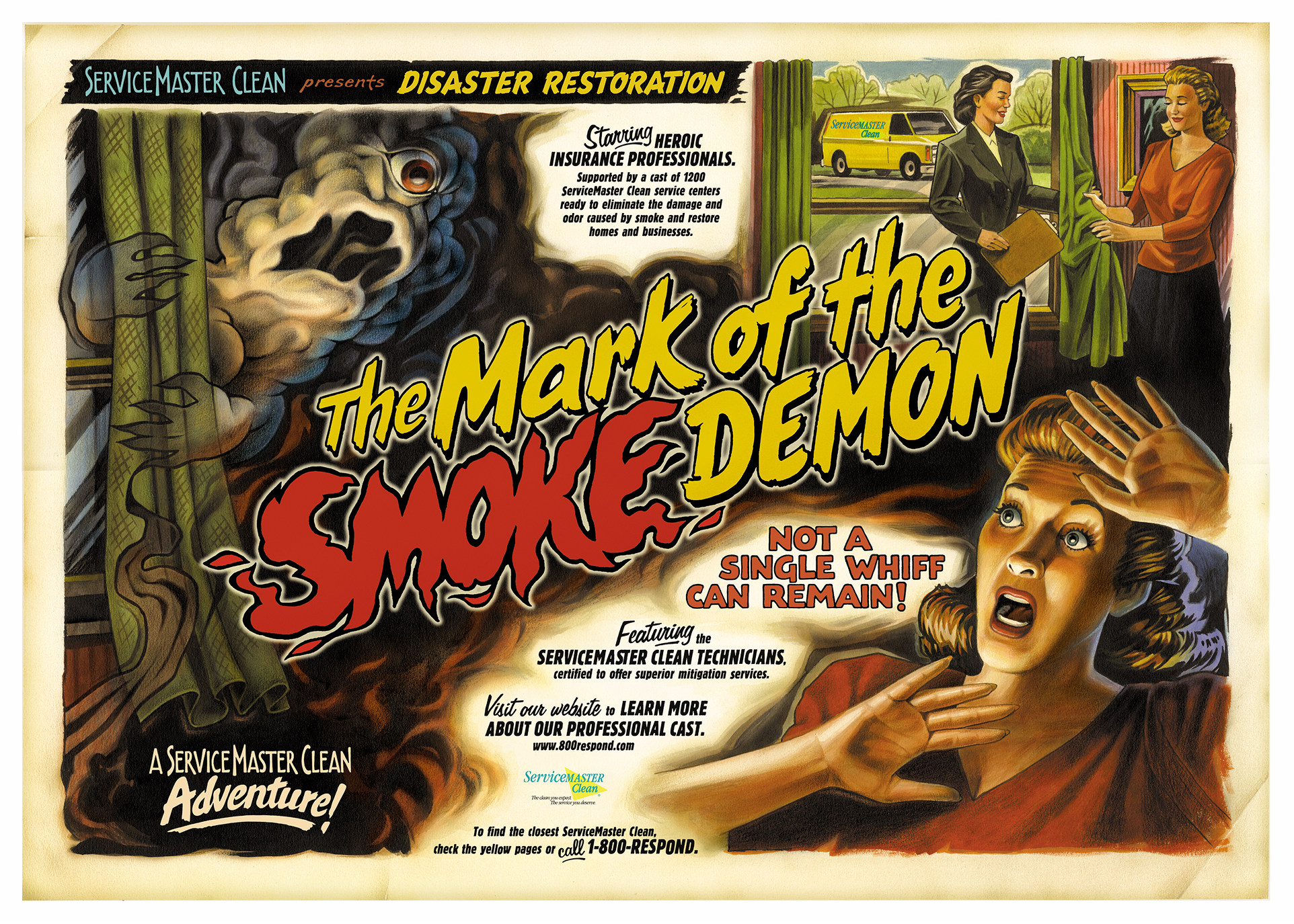 Vintage disaster-restoration poster titled "The Mark of the Smoke Demon" with tagline "Not a Single Whiff Can Remain," showing a smoke monster, a terrified woman, and insurance professionals with a ServiceMaster van.