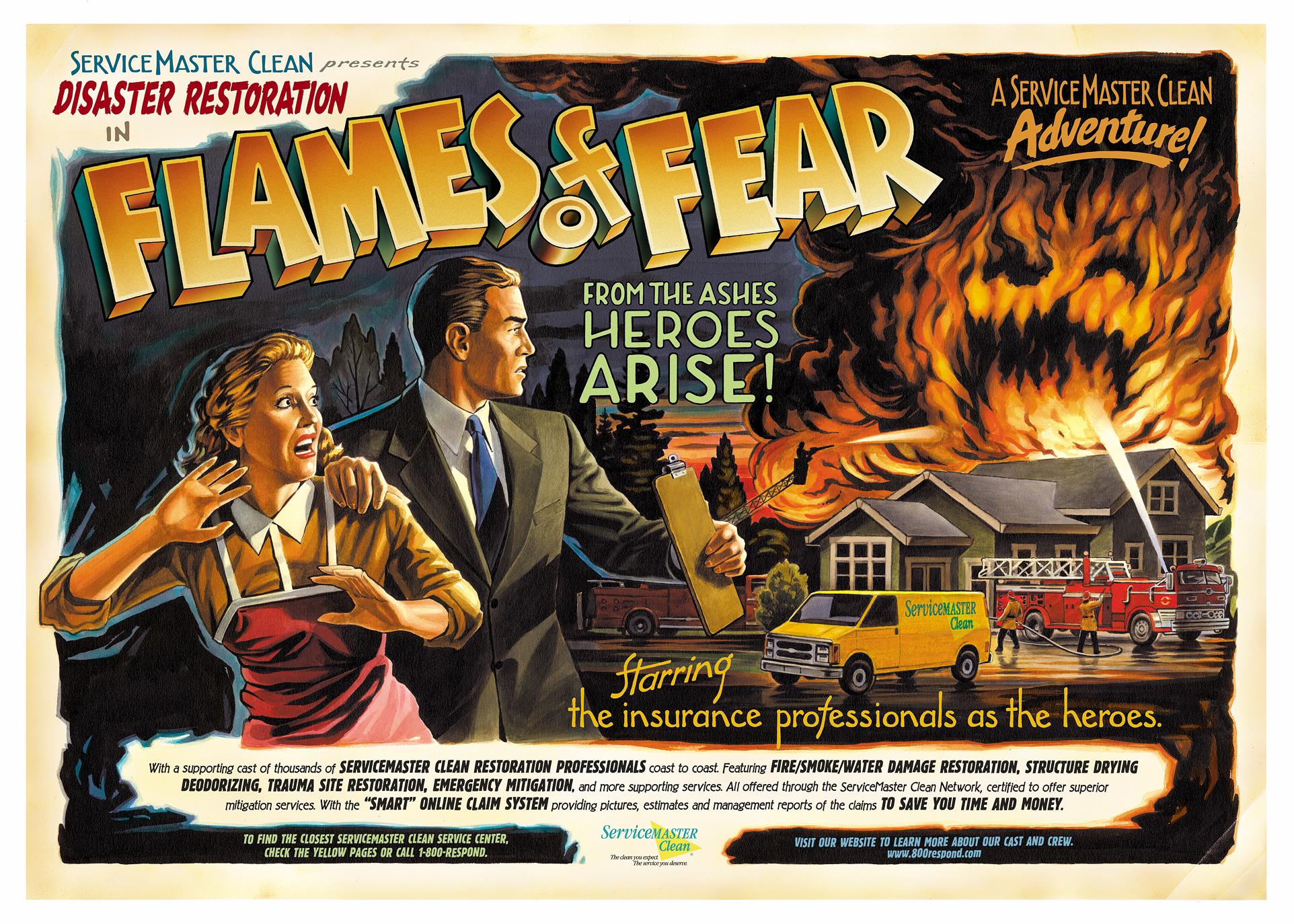 Vintage disaster-restoration poster titled "Flames & Fear" with tagline "From the Ashes Heroes Arise!" depicting a couple fleeing a house fire while a ServiceMaster Clean van and firefighters respond.