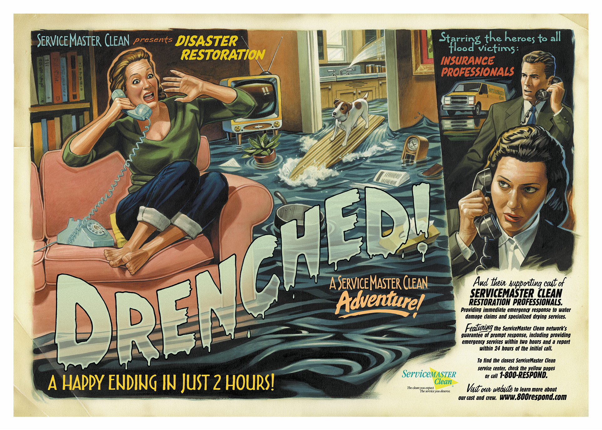 Vintage disaster-restoration poster titled "Drenched!" showing a woman marooned on a sofa in a flooded living room, with tagline "A Happy Ending in Just 2 Hours!" and side panels of insurance professionals on the phone.