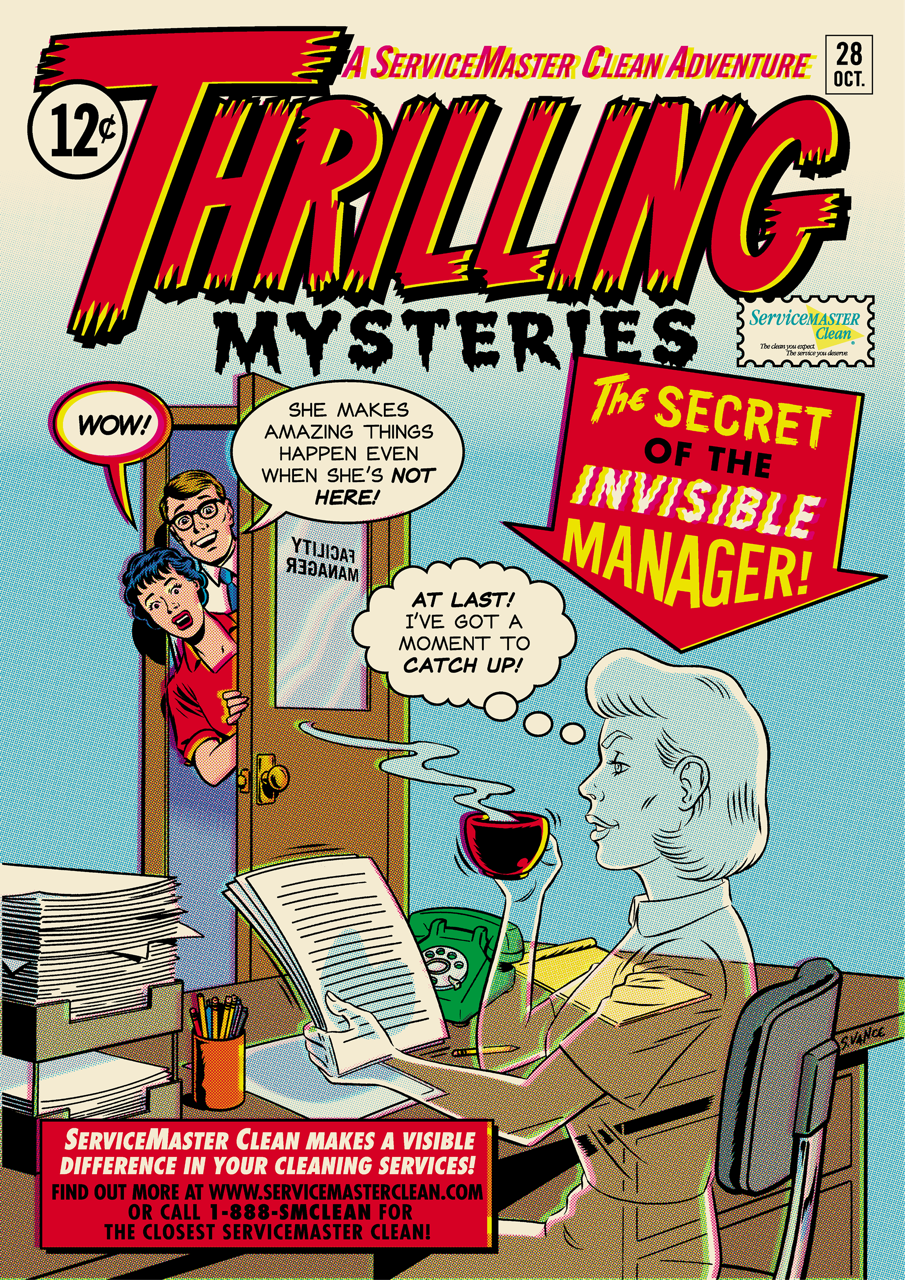 Vintage comic cover titled "Thrilling Mysteries" reading "The Secret of the Invisible Manager," showing a translucent facility manager at her desk while coworkers marvel through the door.