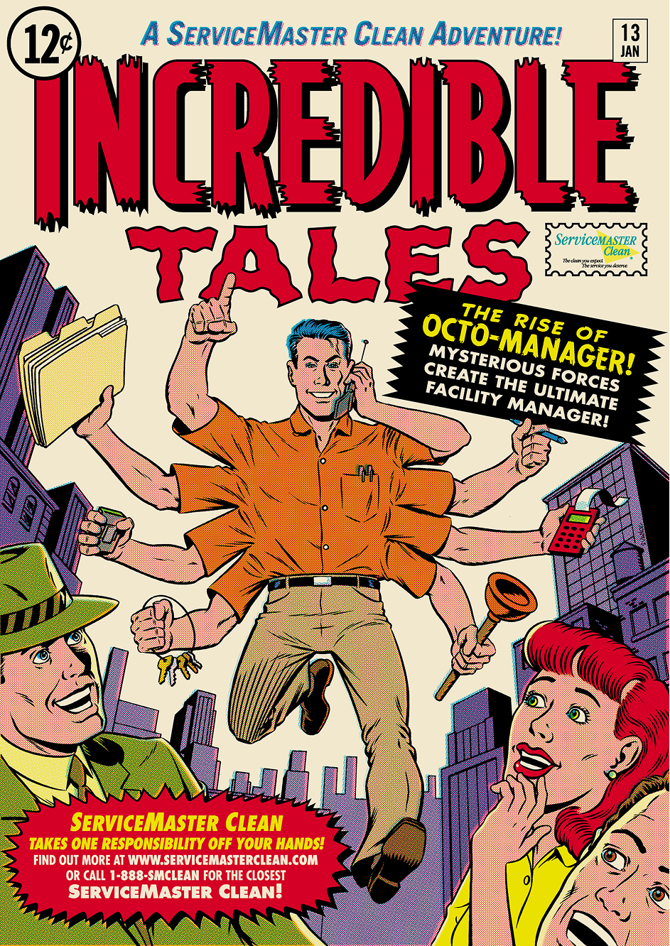 Vintage comic cover titled "Startling Science" depicting an overloaded Robo-Manager as a facility manager vacations on the beach, with tagline "ServiceMaster Clean Stays on the Job!"
