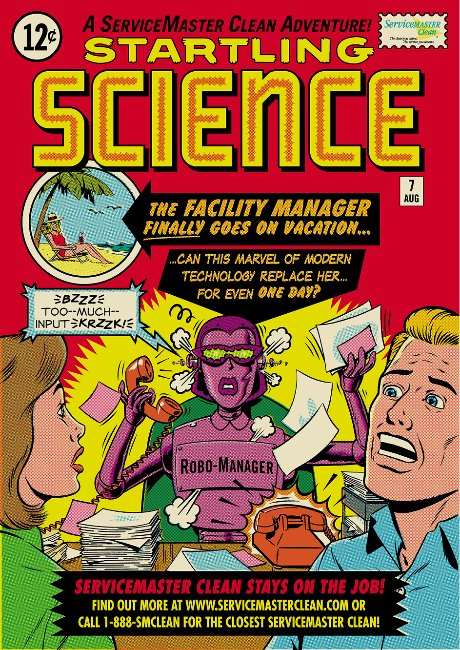 Vintage comic cover titled "Incredible Tales: The Rise of Octo-Manager!" featuring an eight-armed facility manager multitasking with a plunger, calculator, and phone against a city skyline.