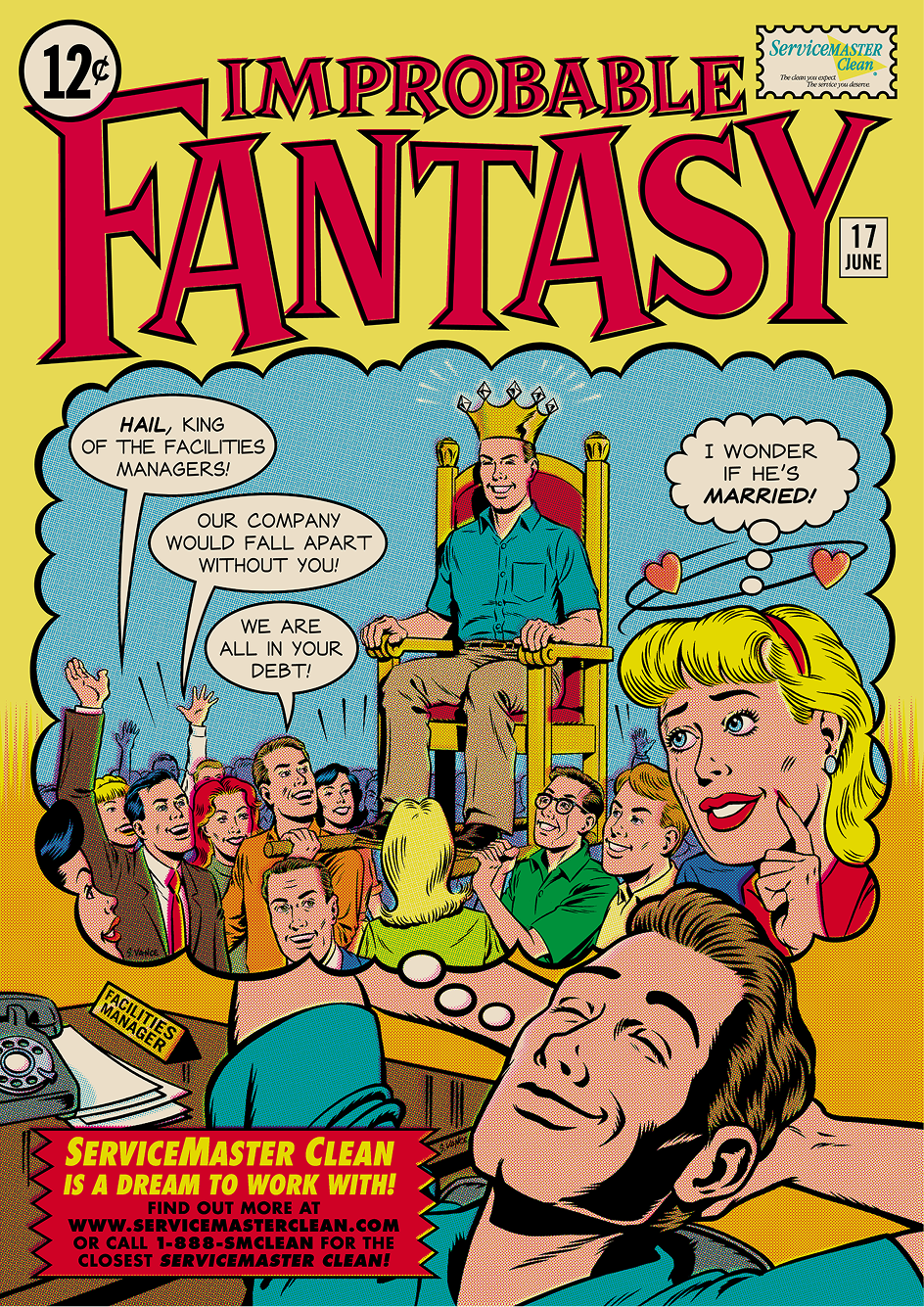 Vintage comic cover titled "Improbable Fantasy" showing a facilities manager at his desk daydreaming about being crowned king and carried by adoring coworkers.