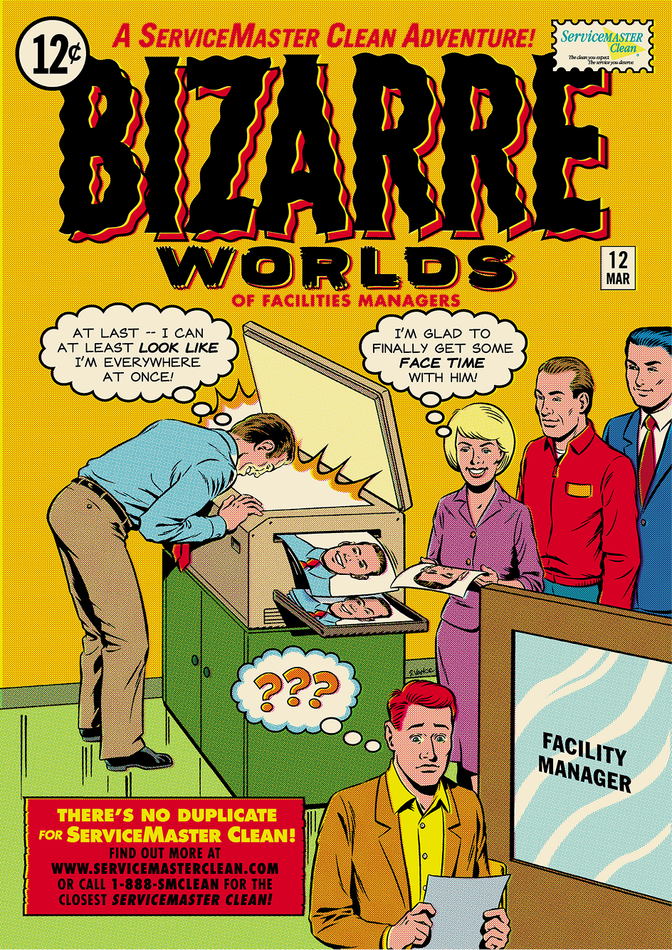 Vintage comic cover titled "Bizarre Worlds of Facilities Managers" with a man photocopying his face and tagline "There's No Duplicate for ServiceMaster Clean!"