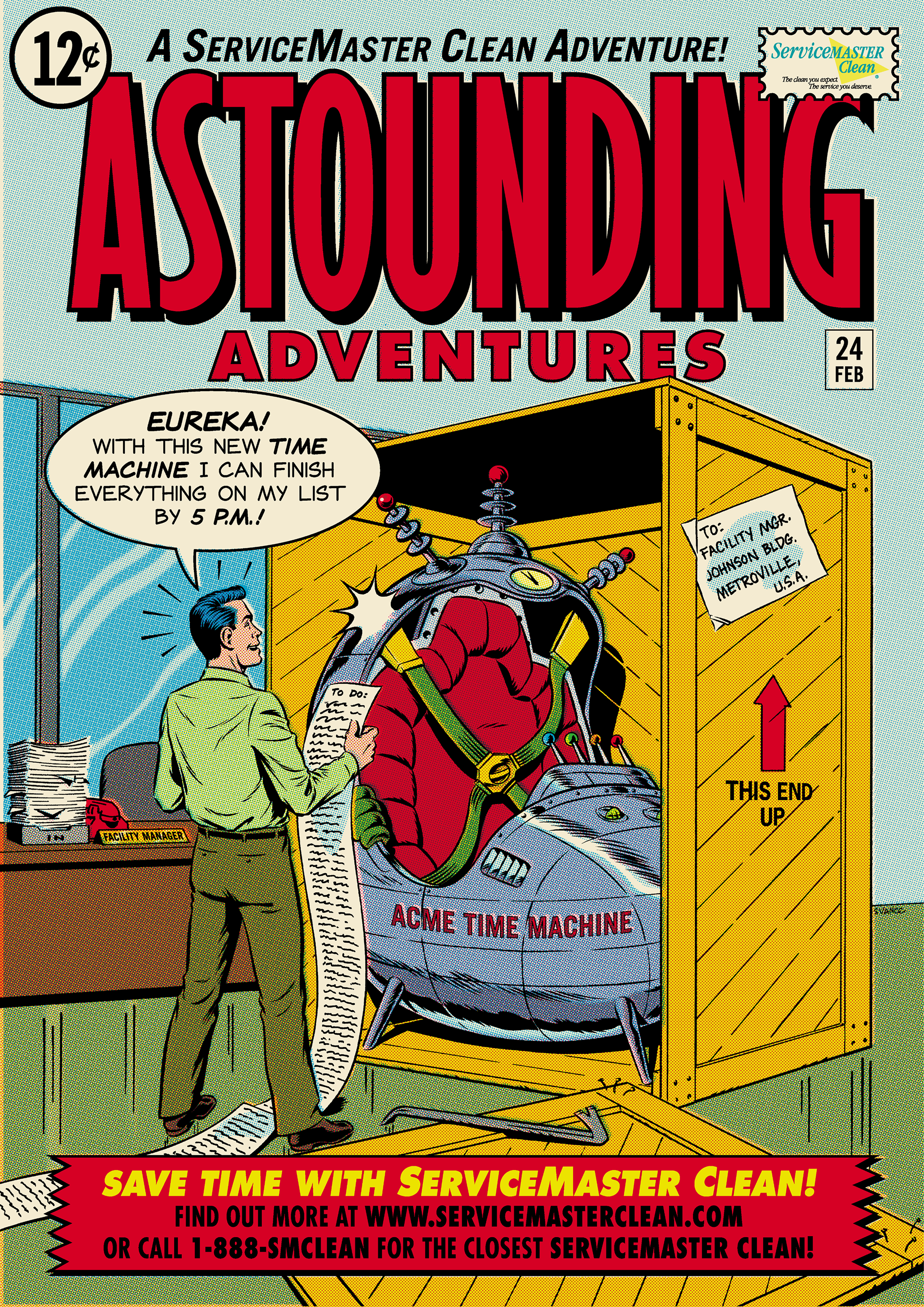 Vintage comic cover titled "Astounding Adventures" showing a facility manager unboxing an Acme Time Machine beside a sprawling to-do list, with banner "Save Time with ServiceMaster Clean!"