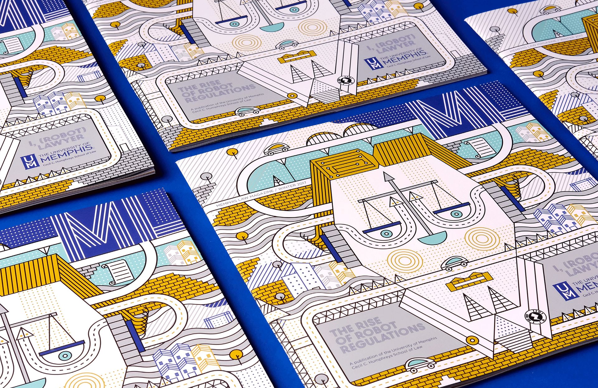 Several copies of the University of Memphis Law publication ’The Rise of Robot Regulations’ on a blue background. The cover uses geometric line art in blue, yellow, and grey, with scales of justice forming a stylized robot face set in an urban landscape of roads, buildings, cars, and circuit-like elements. Text includes I, (ROBOT) LAWYER and THE RISE OF ROBOT REGULATIONS.