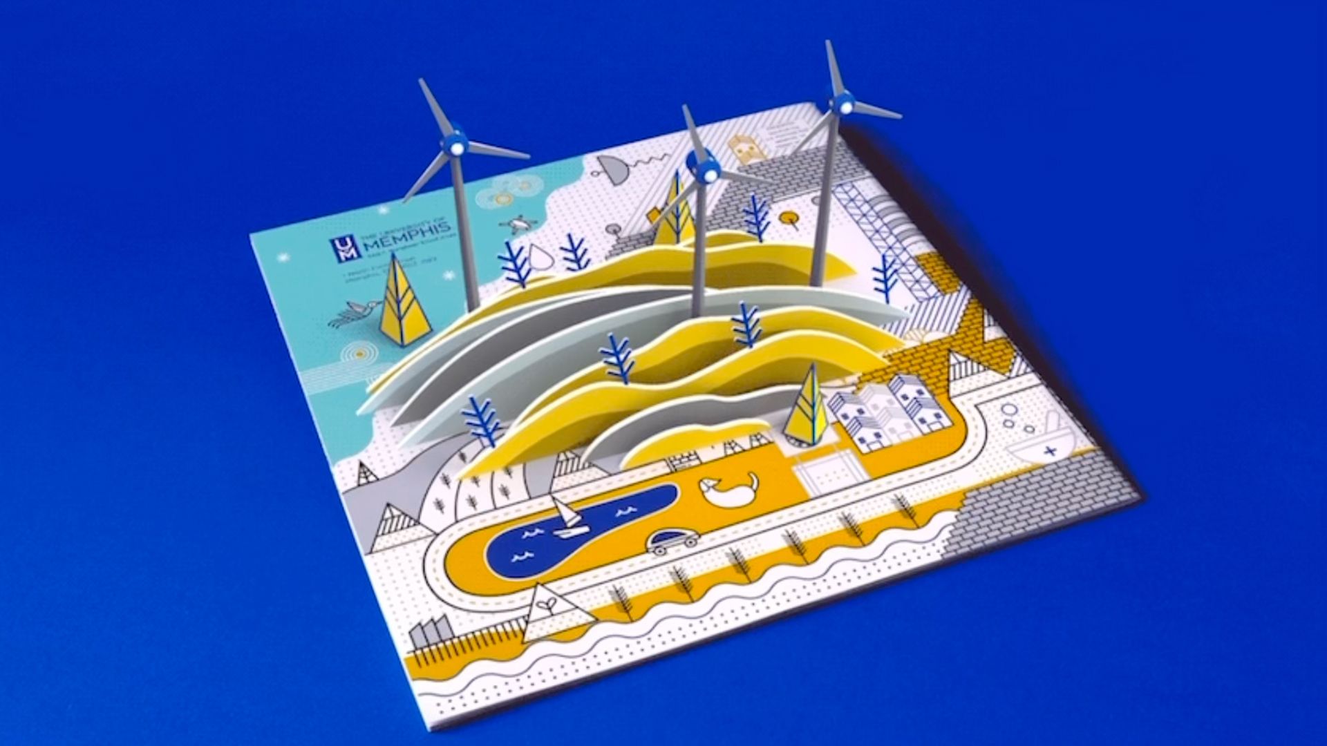 University of Memphis Law publication cover with stylized illustration of a cityscape, golden gavel, and abstract birds on a blue background.