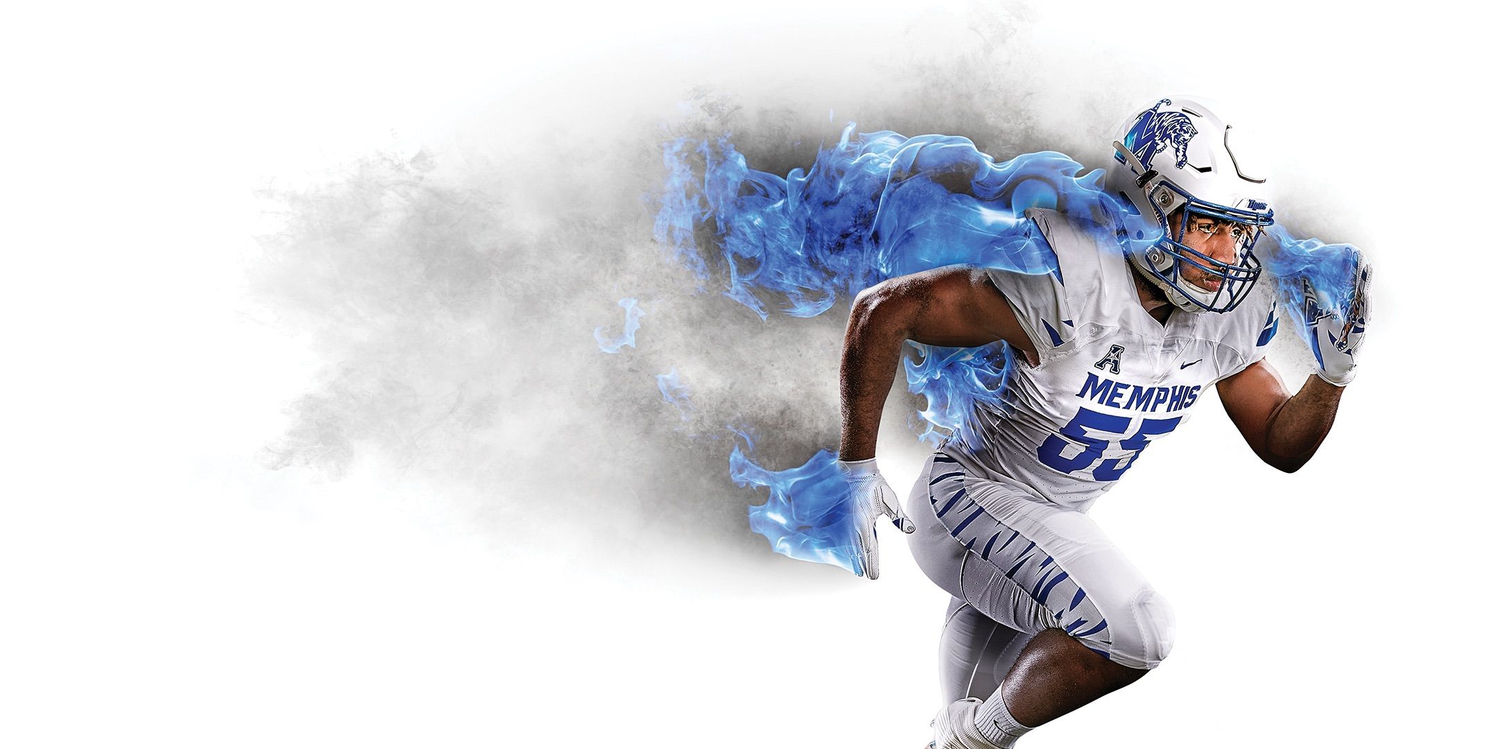 Memphis Tigers defensive lineman #55 sprinting in full stride, surrounded by billowing blue fire and smoke effects against a white background.