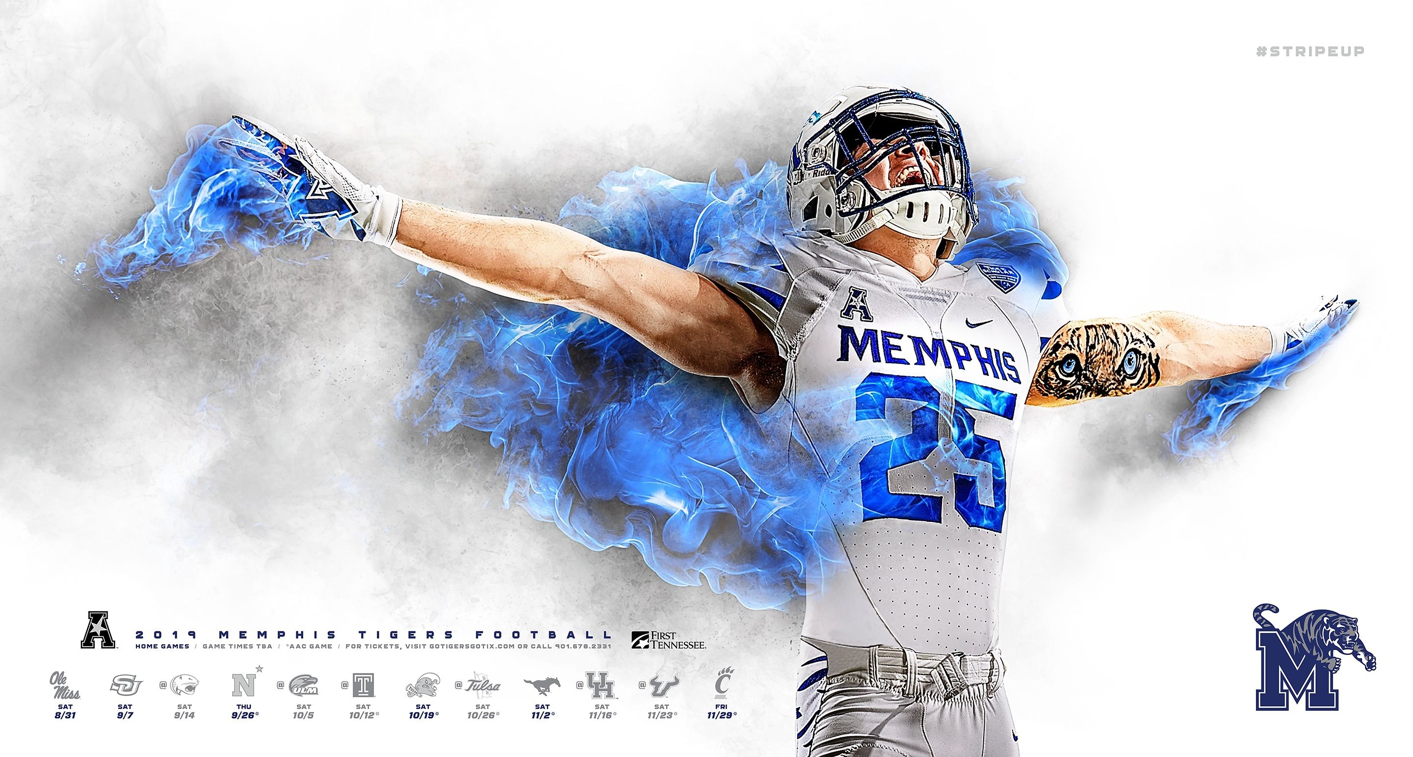 2019 Memphis Tigers Football season schedule print ad showing player #25 arms spread wide with blue fire effects, the full home game schedule and "#STRIPEUP" hashtag along the bottom.