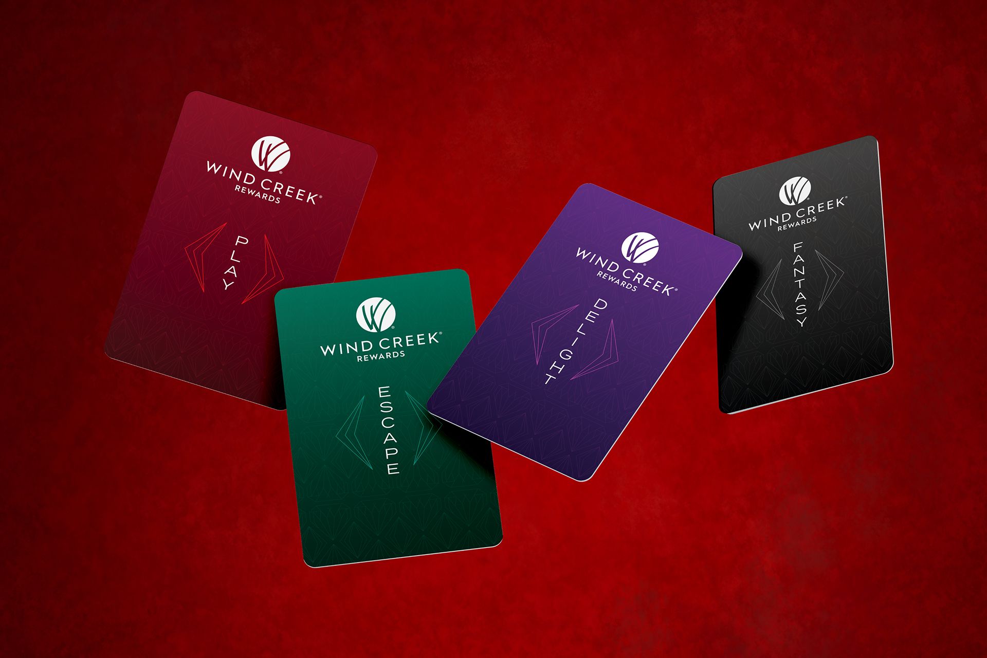 Four Wind Creek Rewards cards: Play (red), Escape (green), Delight (purple), and Fantasy (black), fanned out on a red background.